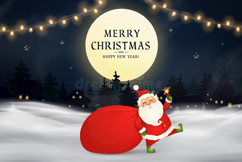 Vrolijke Kerstmis Gelukkig Nieuwjaar Grappige Santa Claus met rode zak met stelt, giftdozen, Kerstmisboom, kenwijsjeklok voor royalty-vrije illustratie Vrolijke Kerstmis Gelukkig Nieuwjaar Grappige Santa Claus met rode zak met stelt, giftdozen, Kerstmisboom, kenwijsjeklok voor royalty-vrije illustratie