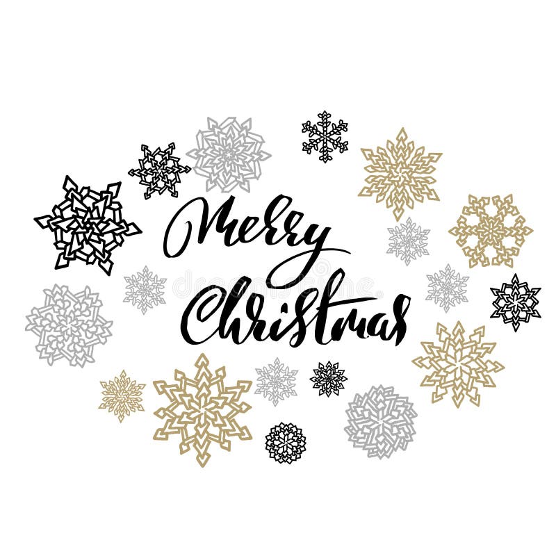 Vrolijke Kerstmis op gouden en zilveren sneeuwvlokkenachtergrond De inkt van de vakantie het moderne droge borstel van letters vo royalty-vrije illustratie Vrolijke Kerstmis op gouden en zilveren sneeuwvlokkenachtergrond De inkt van de vakantie het moderne droge borstel van letters vo royalty-vrije illustratie