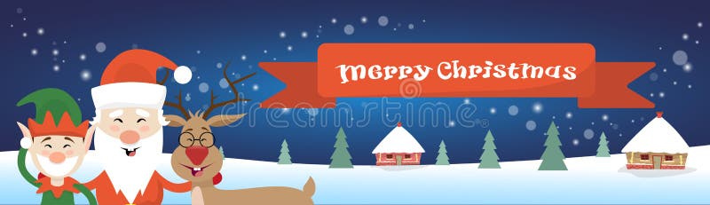 Vrolijke Kerstmis Santa Clause Reindeer Elf Character over van het het Huisdorp van de de Wintersneeuw de Kaart van de de Affiche