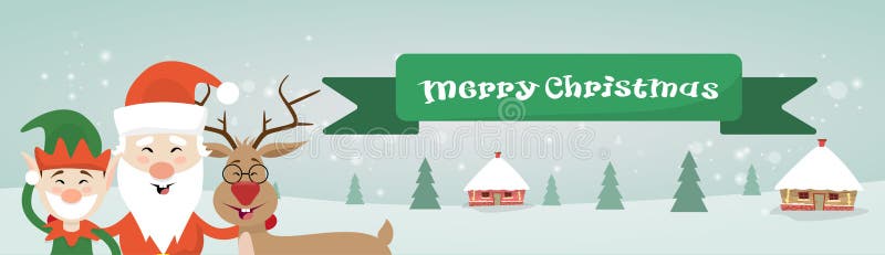 Vrolijke Kerstmis Santa Clause Reindeer Elf Character over van het het Huisdorp van de de Wintersneeuw de Kaart van de de Affiche
