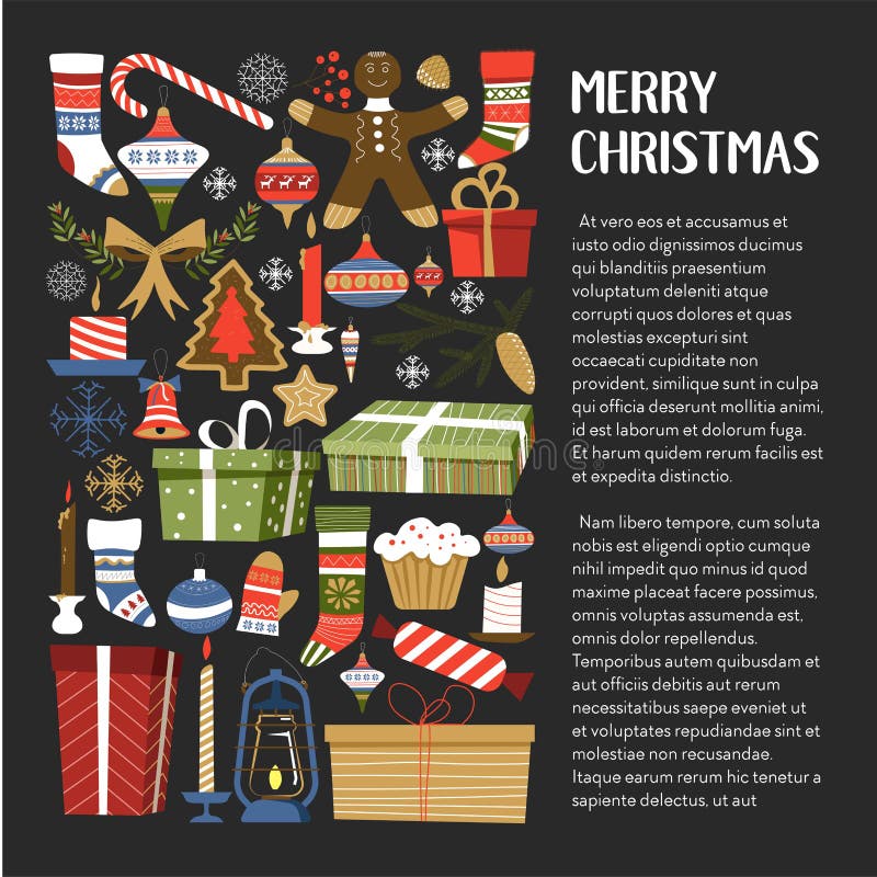 Vrolijke Kerstmis stelt en symbolen van de vectorgiften van de de wintervakantie voor stock illustratie Vrolijke Kerstmis stelt en symbolen van de vectorgiften van de de wintervakantie voor stock illustratie