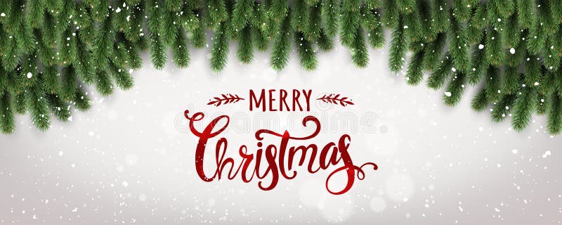 Vrolijke Kerstmis Typografisch op witte die achtergrond met boomtakken met sterren, lichten, sneeuwvlokken worden verfraaid royalty-vrije illustratie Vrolijke Kerstmis Typografisch op witte die achtergrond met boomtakken met sterren, lichten, sneeuwvlokken worden verfraaid royalty-vrije illustratie
