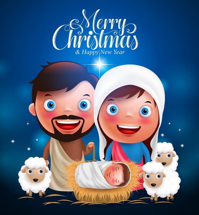 Vrolijke Kerstmisgroeten met Jesus geboren in trog, Belen met Joseph en Mary