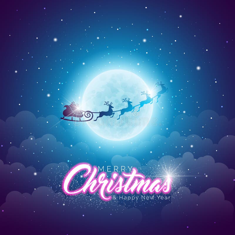 Vrolijke Kerstmisillustratie met het Vliegen Kerstman in de Maan op de Blauwe Achtergrond van de Nachthemel Vectorontwerp voor Gr vector illustratie Vrolijke Kerstmisillustratie met het Vliegen Kerstman in de Maan op de Blauwe Achtergrond van de Nachthemel Vectorontwerp voor Gr vector illustratie