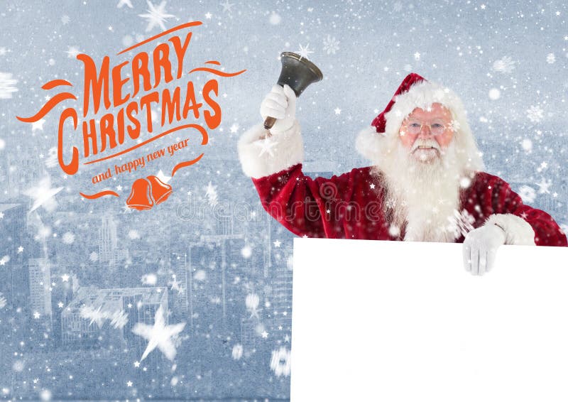 Vrolijke Kerstmiswensen met de Kerstman die een klok en een aanplakbiljet houden stock fotografie Vrolijke Kerstmiswensen met de Kerstman die een klok en een aanplakbiljet houden stock fotografie