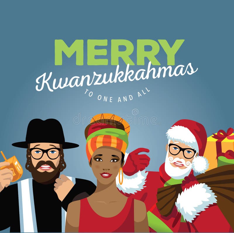 Vrolijke Kwanzukkahmas met Rabijn, Kerstman en Afrikaanse vrouw vector illustratie Vrolijke Kwanzukkahmas met Rabijn, Kerstman en Afrikaanse vrouw vector illustratie