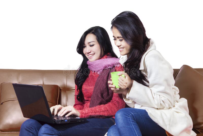 Vrolijke twee vrouwen die online winkelen royalty-vrije stock foto's Vrolijke twee vrouwen die online winkelen royalty-vrije stock foto's