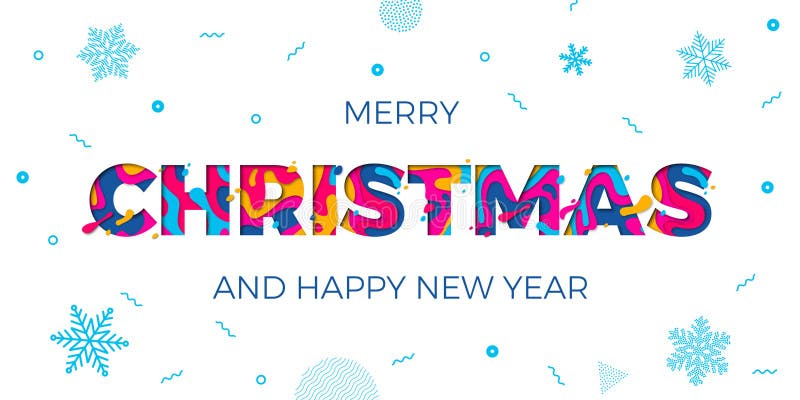 Merry Christmas and Happy New Year holiday greeting card on white background. Winter snowflakes pattern and vector paper cut multi color layers text carving premium creative poster design. Merry Christmas and Happy New Year holiday greeting card on white background. Winter snowflakes pattern and vector paper cut multi color layers text carving premium creative poster design