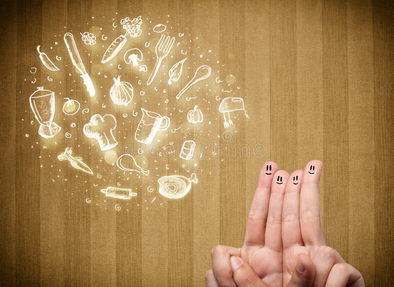 Vrolijke vinger smileys met voedsel en keukenhand getrokken pictogrammen stock afbeelding Vrolijke vinger smileys met voedsel en keukenhand getrokken pictogrammen stock afbeelding