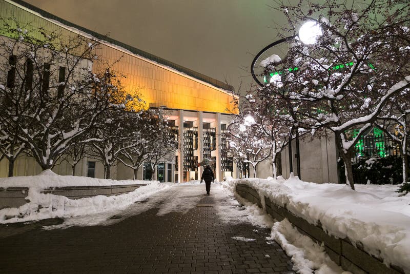 Vrouw die bij nacht in sneeuwsteeg naar de plaats-des-Kunsten in de sector lopen van de binnenstad, Montreal, Quebec stock foto's Vrouw die bij nacht in sneeuwsteeg naar de plaats-des-Kunsten in de sector lopen van de binnenstad, Montreal, Quebec stock foto's