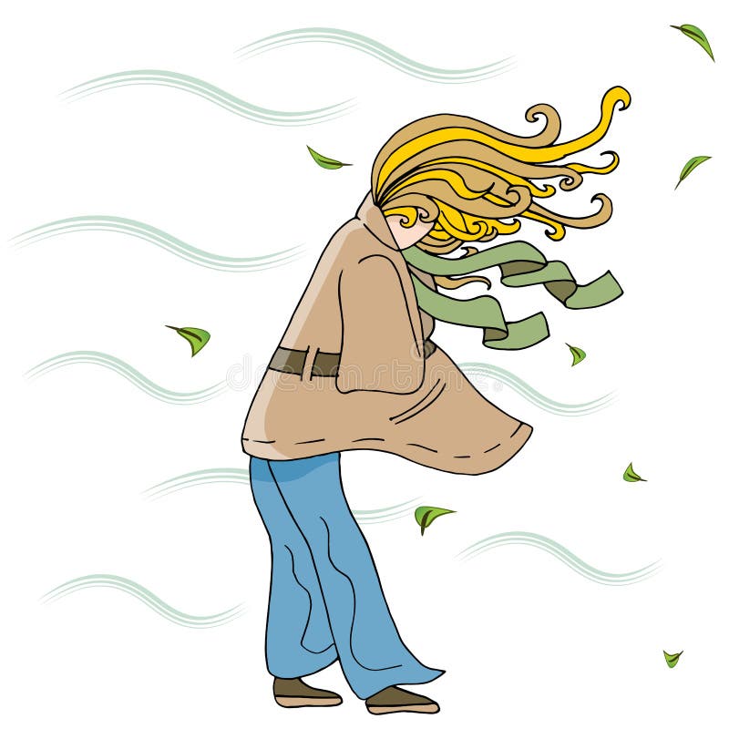 Vrouw die buiten op Windy Day Cartoon lopen stock illustratie Vrouw die buiten op Windy Day Cartoon lopen stock illustratie