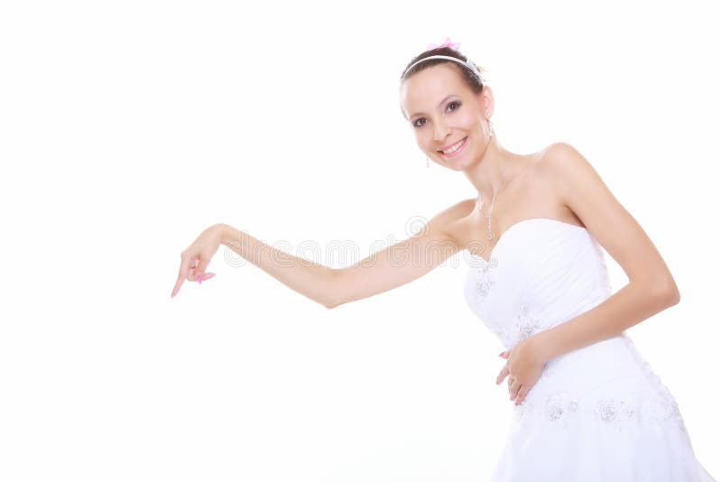 Vrouw die in huwelijkskleding geïsoleerd verbeteren kiezen royalty-vrije stock afbeelding Vrouw die in huwelijkskleding geïsoleerd verbeteren kiezen royalty-vrije stock afbeelding