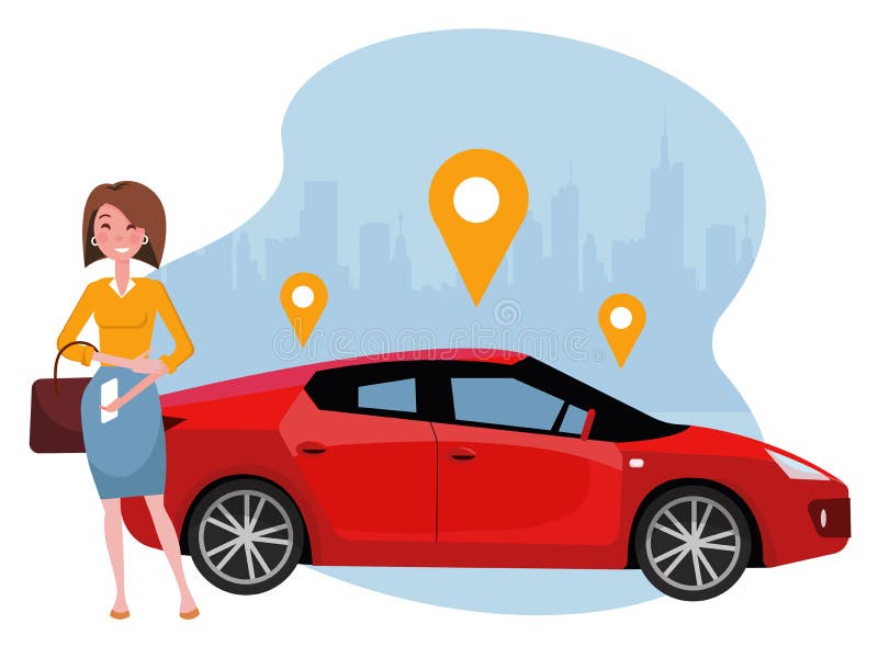 Vrouw die met smartphone zich dichtbij auto bevinden Huur een auto gebruikend mobiele toepassing Online carsharingsconcept Sport vector illustratie Vrouw die met smartphone zich dichtbij auto bevinden Huur een auto gebruikend mobiele toepassing Online carsharingsconcept Sport vector illustratie