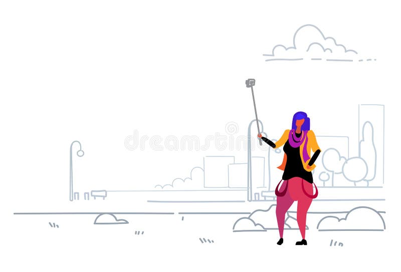 Vrouw die selfie foto op van het de stads stedelijke park van de smartphonecamera het moderne toevallige meisje nemen die de zelf royalty-vrije illustratie Vrouw die selfie foto op van het de stads stedelijke park van de smartphonecamera het moderne toevallige meisje nemen die de zelf royalty-vrije illustratie