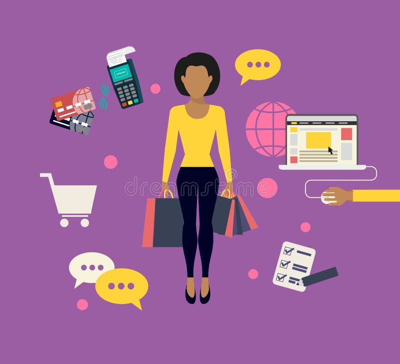 Vrouw doen die online winkelen stock illustratie Vrouw doen die online winkelen stock illustratie