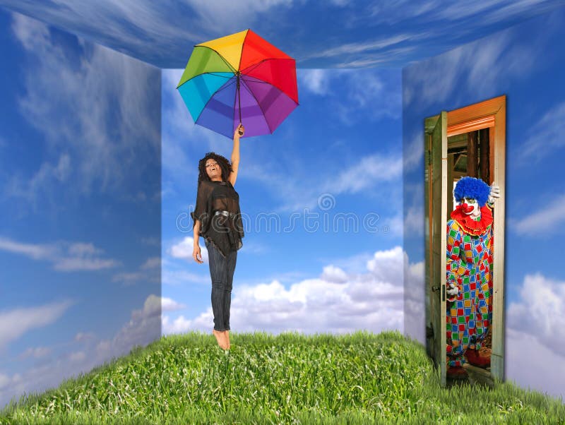 Vrouw en Clown in landschap-Geschilderde Zaal royalty-vrije stock afbeelding Vrouw en Clown in landschap-Geschilderde Zaal royalty-vrije stock afbeelding