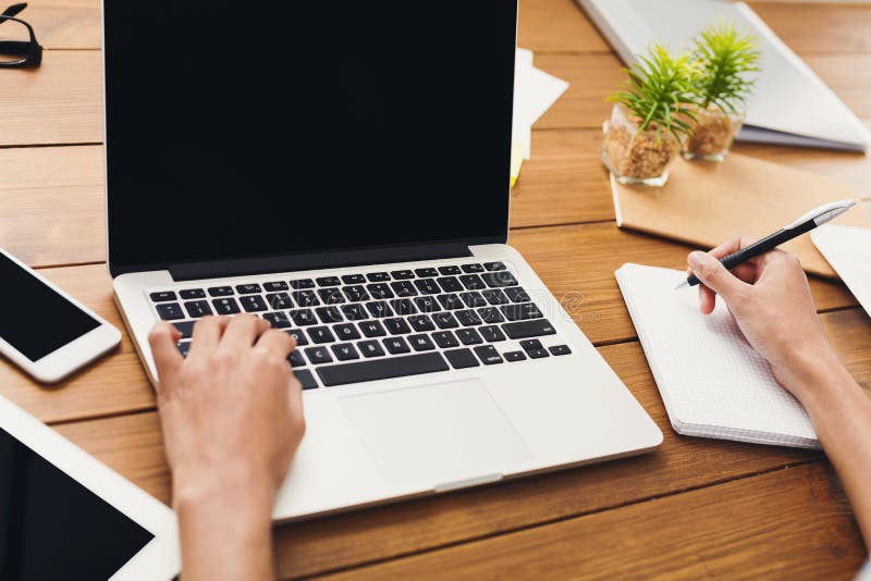 Vrouw gebruikend lege laptop en makend nota's stock afbeeldingen Vrouw gebruikend lege laptop en makend nota's stock afbeeldingen