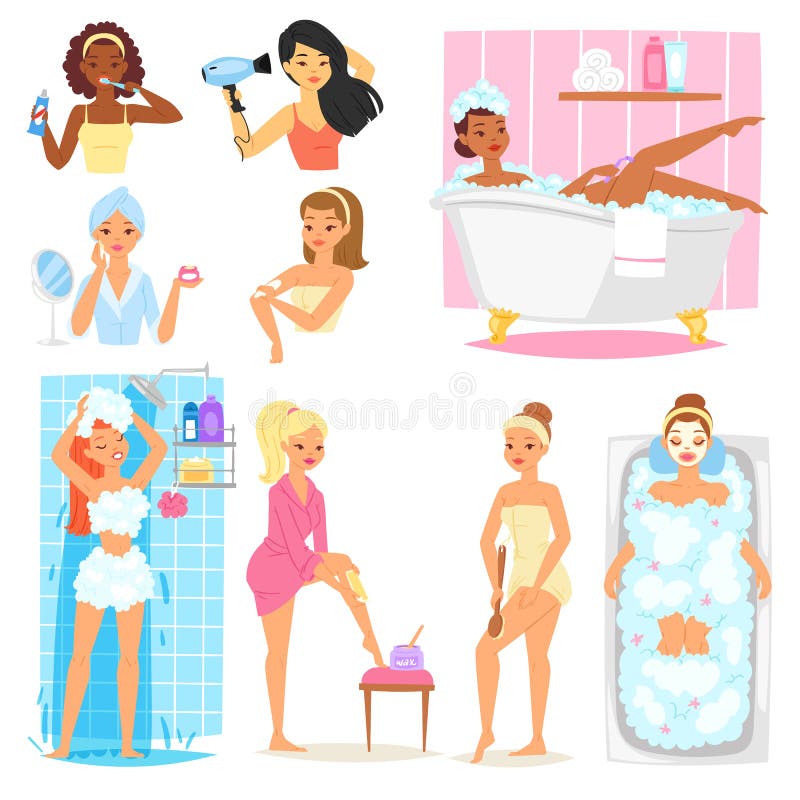 Vrouw het baden in karakter van het badkamers het vector mooie meisje in badjas schoonmakende tanden en het wassen in badillustra royalty-vrije illustratie Vrouw het baden in karakter van het badkamers het vector mooie meisje in badjas schoonmakende tanden en het wassen in badillustra royalty-vrije illustratie