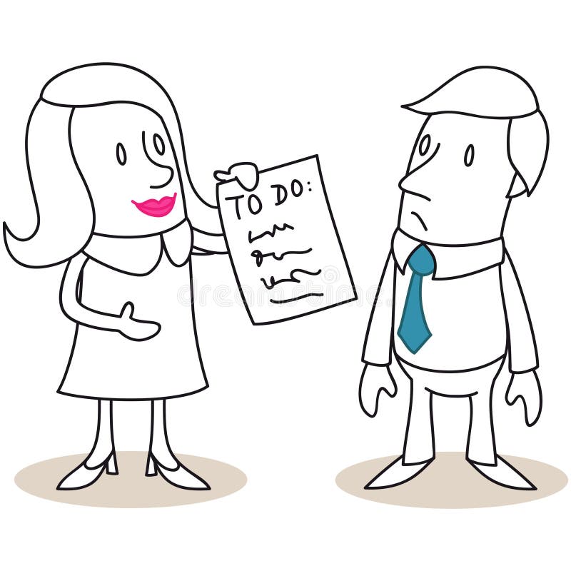 Vector illustration of monochrome cartoon characters: Woman showing to-do list to man. Vector illustration of monochrome cartoon characters: Woman showing to-do list to man.