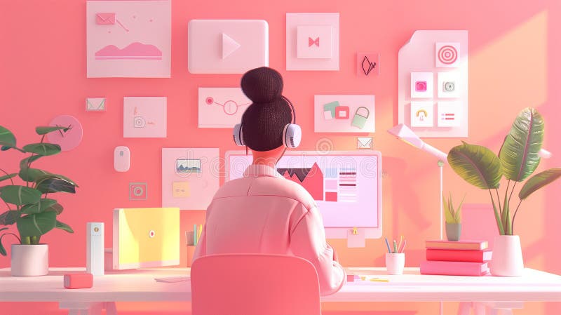 Woman in headphones working at her desk in the office. 3d character. Horizontal layout. Pink background. AI generated. Woman in headphones working at her desk in the office. 3d character. Horizontal layout. Pink background. AI generated