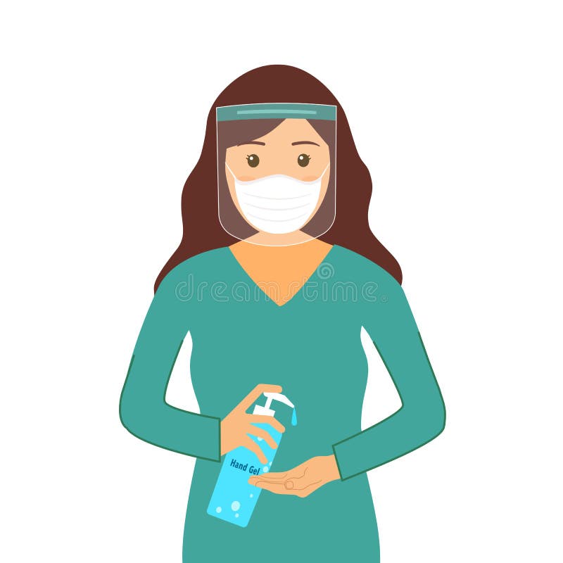 Vrouw met een medisch masker en een gezichtsschild. ze gebruikt alcoholhandgel om handen schoon te maken en om de ziekte van coron