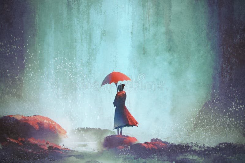 Vrouw met een paraplu die zich tegen waterval bevinden