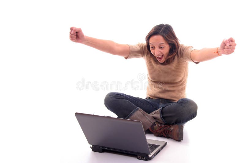 Vrouw met laptop V stock afbeeldingen Vrouw met laptop V stock afbeeldingen