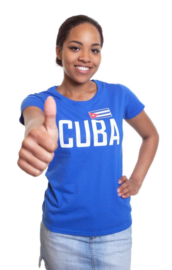 Woman from Cuba showing thumb up on an isolated white background for cut out. Woman from Cuba showing thumb up on an isolated white background for cut out