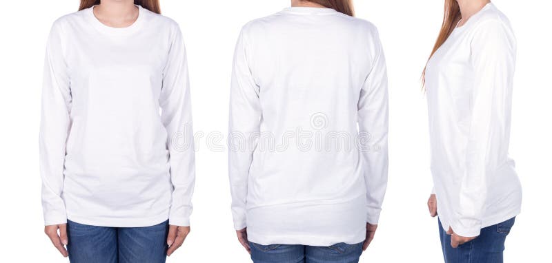 Vrouw in witte lange die kokert-shirt op witte achtergrond wordt geïsoleerd