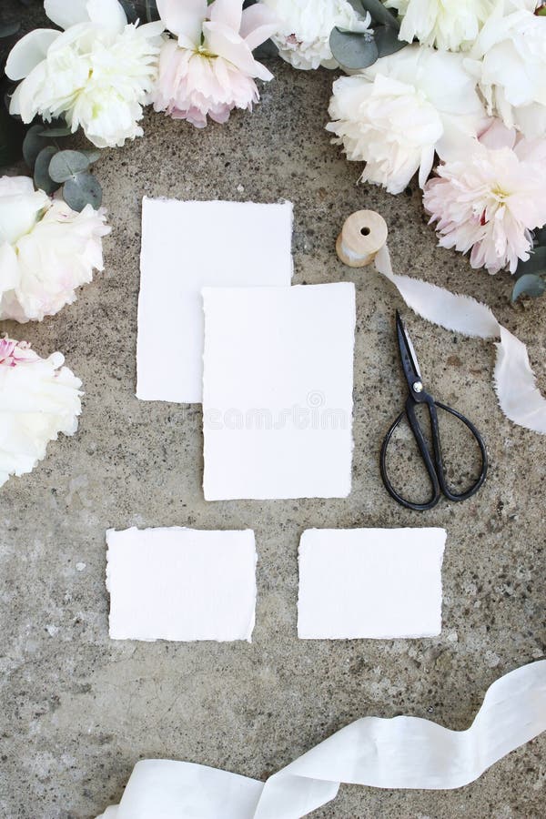 Vrouwelijk verticaal huwelijk, de scène van het verjaardagsmodel De lege ambachtdocument groetkaarten, Eucalyptus, pioenbloemen b stock fotografie Vrouwelijk verticaal huwelijk, de scène van het verjaardagsmodel De lege ambachtdocument groetkaarten, Eucalyptus, pioenbloemen b stock fotografie