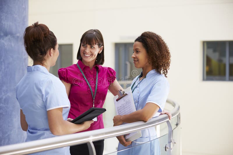 Vrouwelijke Adviseur Meeting With Nurses die Digitale Tablet gebruiken stock fotografie Vrouwelijke Adviseur Meeting With Nurses die Digitale Tablet gebruiken stock fotografie