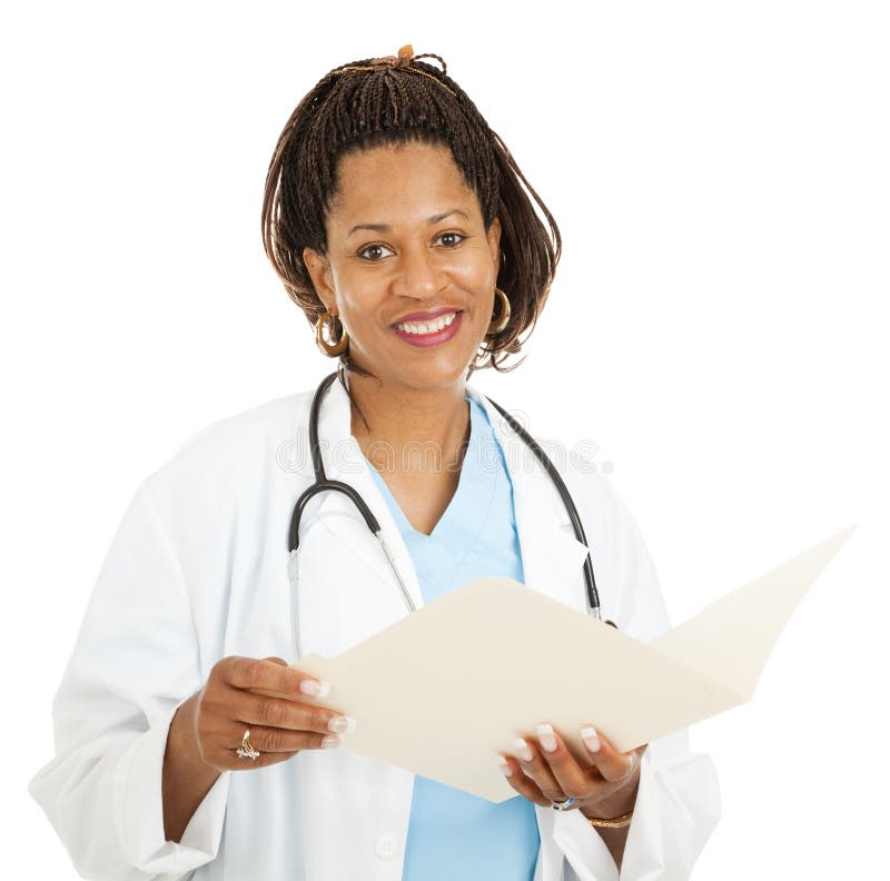 Beautiful african-american female doctor reading a patient's medical chart. Isolated on white. Beautiful african-american female doctor reading a patient's medical chart. Isolated on white.