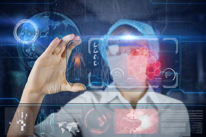 Vrouwelijke Arts met de futuristische tablet van het hudscherm Bacteriën, virus, microbe Medisch concept de toekomst royalty-vrije stock foto Vrouwelijke Arts met de futuristische tablet van het hudscherm Bacteriën, virus, microbe Medisch concept de toekomst royalty-vrije stock foto