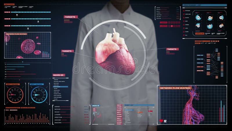 Vrouwelijke arts wat betreft het digitale scherm, aftastend hart Menselijk Cardiovasculair Systeem Medische technologie
