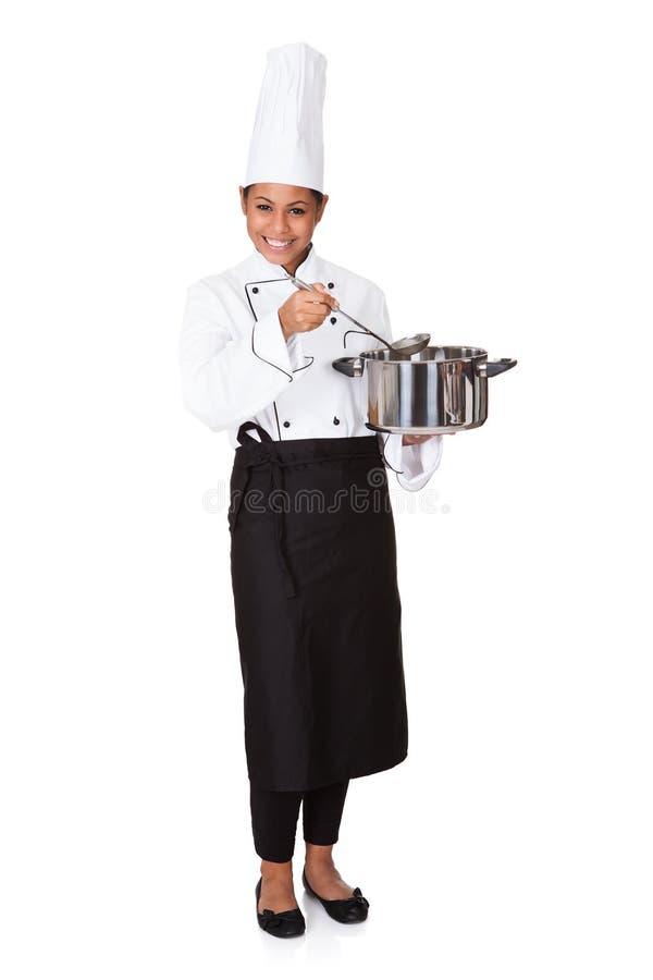 Vrouwelijke Chef-kok With Cooking Pot ter beschikking royalty-vrije stock fotografie Vrouwelijke Chef-kok With Cooking Pot ter beschikking royalty-vrije stock fotografie