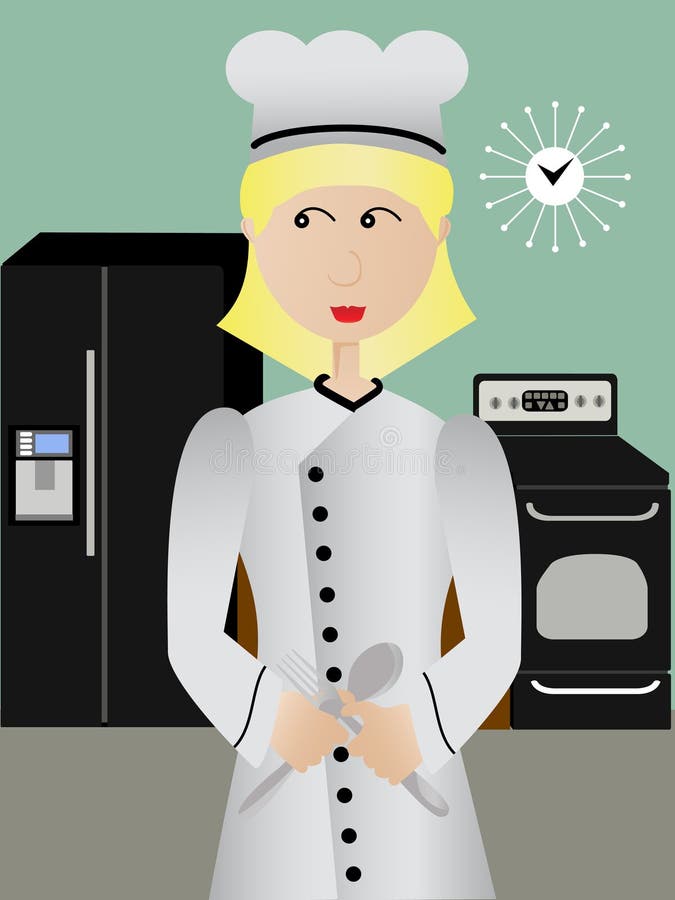 Vrouwelijke Chef-kok in de vork en de lepel van de keukenholding royalty-vrije illustratie Vrouwelijke Chef-kok in de vork en de lepel van de keukenholding royalty-vrije illustratie