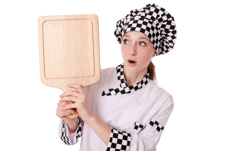 Vrouwelijke die chef-kok op het wit wordt geïsoleerd royalty-vrije stock afbeelding Vrouwelijke die chef-kok op het wit wordt geïsoleerd royalty-vrije stock afbeelding