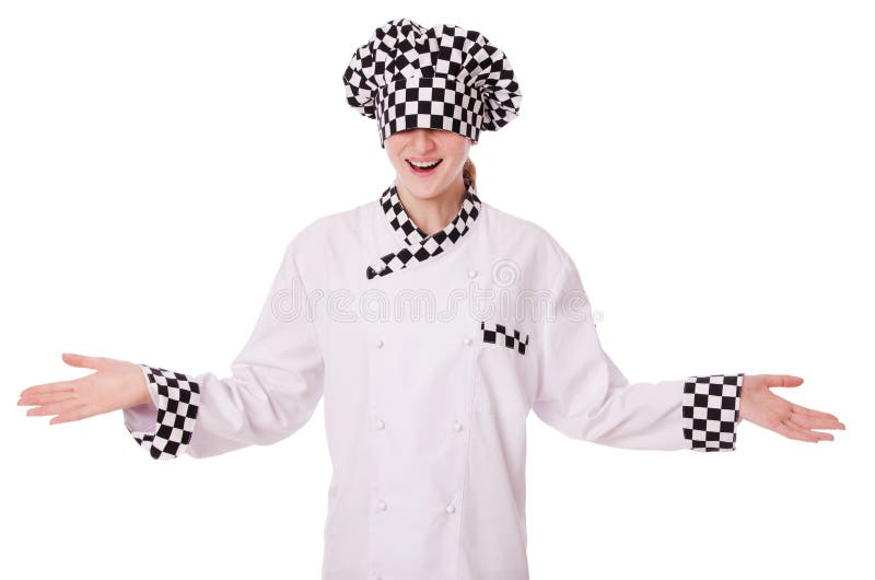 Vrouwelijke die chef-kok op wit wordt geïsoleerd stock foto Vrouwelijke die chef-kok op wit wordt geïsoleerd stock foto
