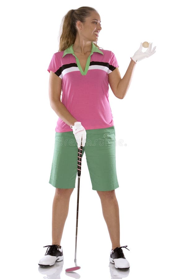 Pretty golf woman posing on white isolated background. Pretty golf woman posing on white isolated background