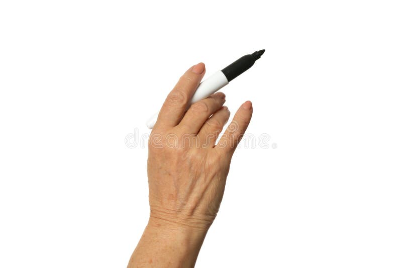 Vrouwelijke hand die zwarte die markeerstift houden op witte achtergrond wordt geïsoleerd royalty-vrije stock foto's Vrouwelijke hand die zwarte die markeerstift houden op witte achtergrond wordt geïsoleerd royalty-vrije stock foto's