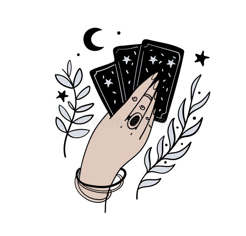 Female hand holds magic tarot cards, boho tattoo, symbol of fortune-telling and prediction, icon for witch, astrology. Vector illustration isolated on white background. Female hand holds magic tarot cards, boho tattoo, symbol of fortune-telling and prediction, icon for witch, astrology. Vector illustration isolated on white background