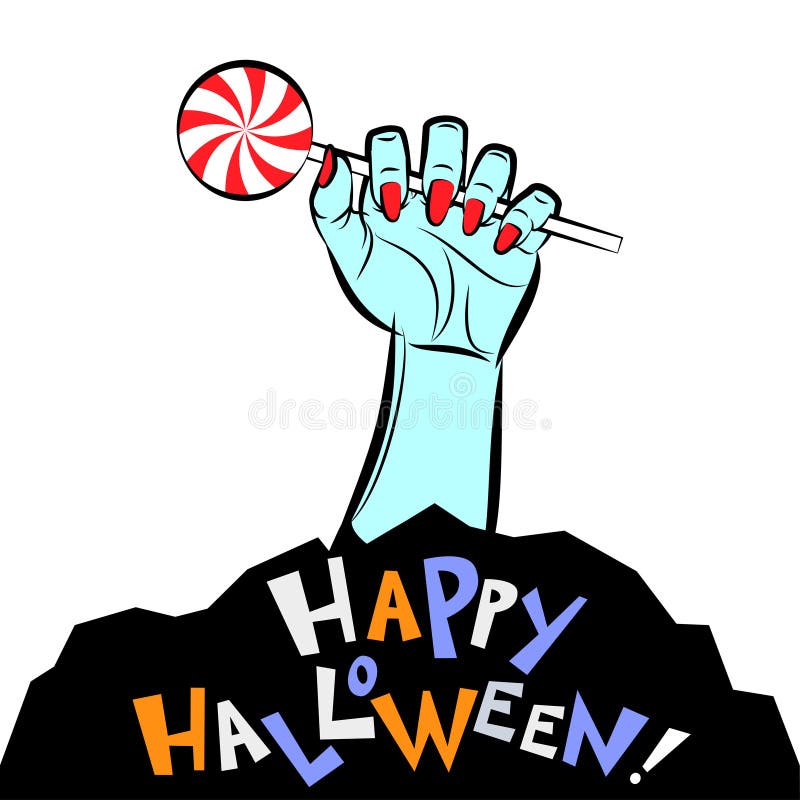 Vrouwelijke hand met suikergoedlolly en tekst Gelukkig Halloween stock illustratie Vrouwelijke hand met suikergoedlolly en tekst Gelukkig Halloween stock illustratie