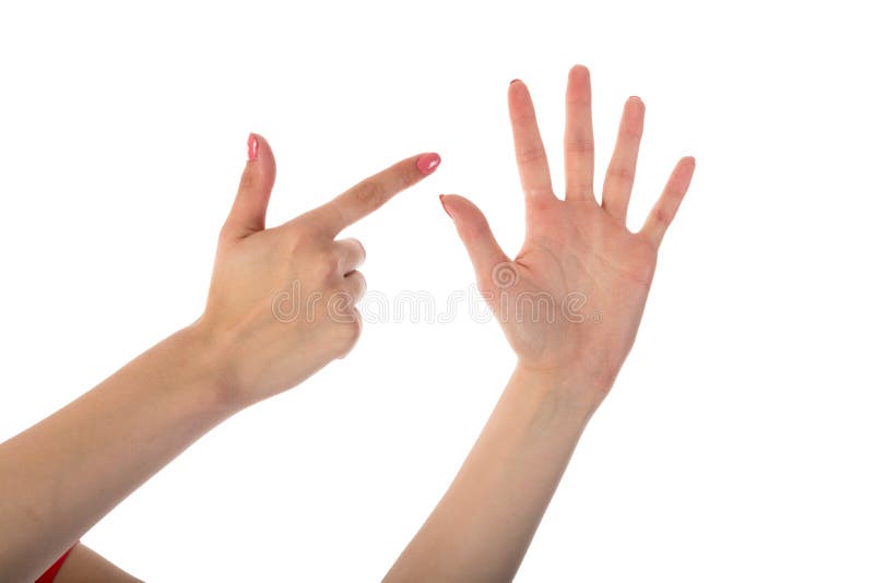 Vrouwelijke handen die zeven die vingers tonen op wit worden geïsoleerd stock foto's Vrouwelijke handen die zeven die vingers tonen op wit worden geïsoleerd stock foto's