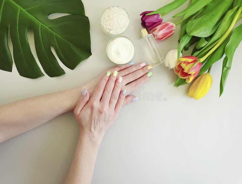 Vrouwelijke handenmanicure, van de de therapieroom van de essentievochtinbrengende cr?me de kosmetische tulp op een gekleurde ach stock fotografie Vrouwelijke handenmanicure, van de de therapieroom van de essentievochtinbrengende cr?me de kosmetische tulp op een gekleurde ach stock fotografie
