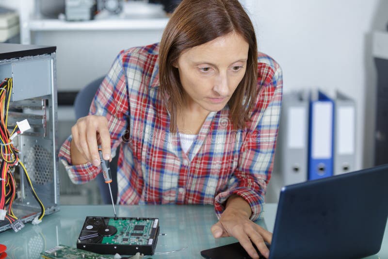 Vrouwelijke PC-technicus die leerprogramma voor het bevestigen van computer bekijken stock afbeelding Vrouwelijke PC-technicus die leerprogramma voor het bevestigen van computer bekijken stock afbeelding