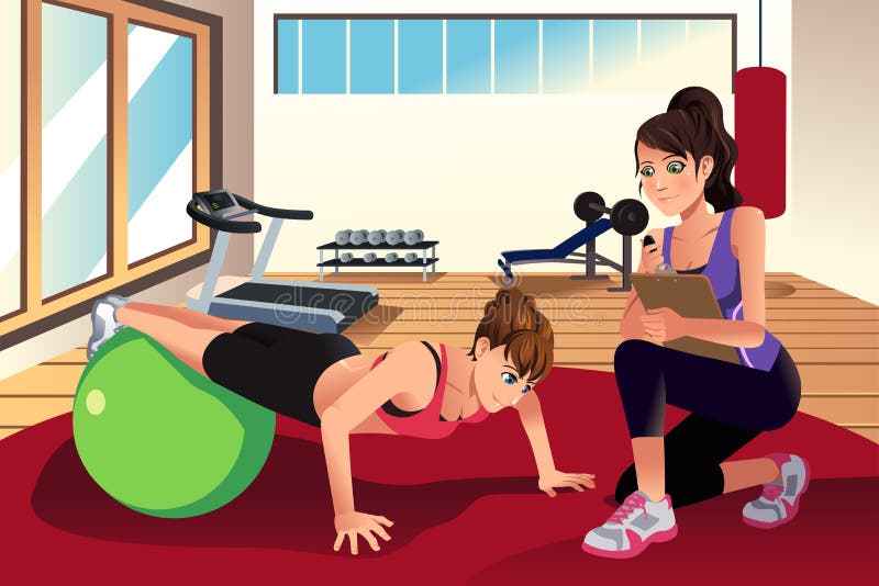 Vrouwelijke persoonlijke trainer opleidende vrouw in de gymnastiek royalty-vrije illustratie Vrouwelijke persoonlijke trainer opleidende vrouw in de gymnastiek royalty-vrije illustratie