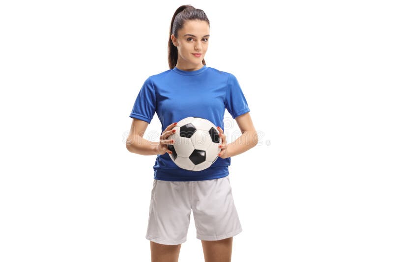 Vrouwelijke voetballer die een voetbal houden stock afbeelding Vrouwelijke voetballer die een voetbal houden stock afbeelding