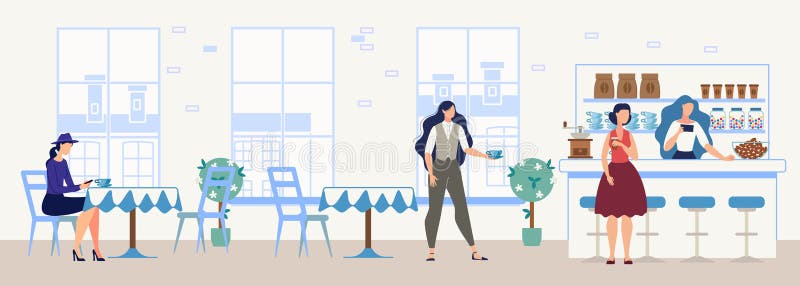 Vrouwen die Koffie in Comfortabele Koffie Vlakke Vector drinken stock illustratie Vrouwen die Koffie in Comfortabele Koffie Vlakke Vector drinken stock illustratie