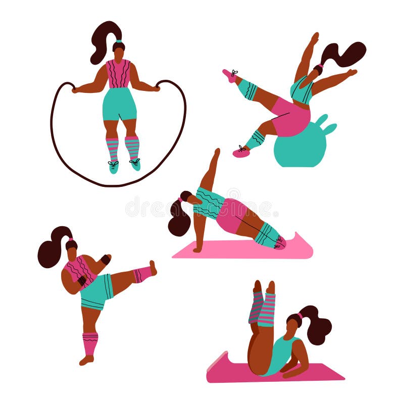 Vrouwen die sporten doen Stelt van yoga, geschiktheid met springtouw, fitball, het kickboxing Training in de gymnastiek op witte royalty-vrije illustratie Vrouwen die sporten doen Stelt van yoga, geschiktheid met springtouw, fitball, het kickboxing Training in de gymnastiek op witte royalty-vrije illustratie
