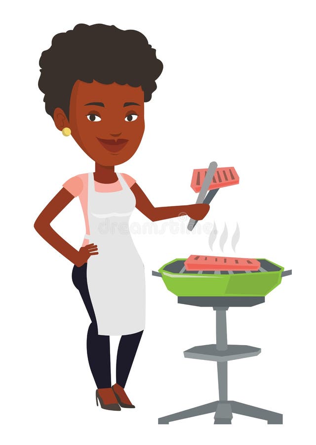 Vrouw die biefstuk op de barbecue grilt vector illustratie